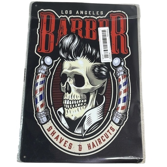 Vintage Vibe Los Angeles Barber Shaves & Haircuts Tin Metal Sign Skull Red Black - Picture 1 of 6